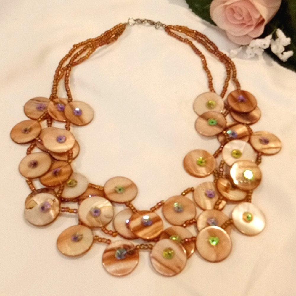 Natural Mother of Pearl Shell Necklace Tan Brown, Shell White & Colorful Glimmer